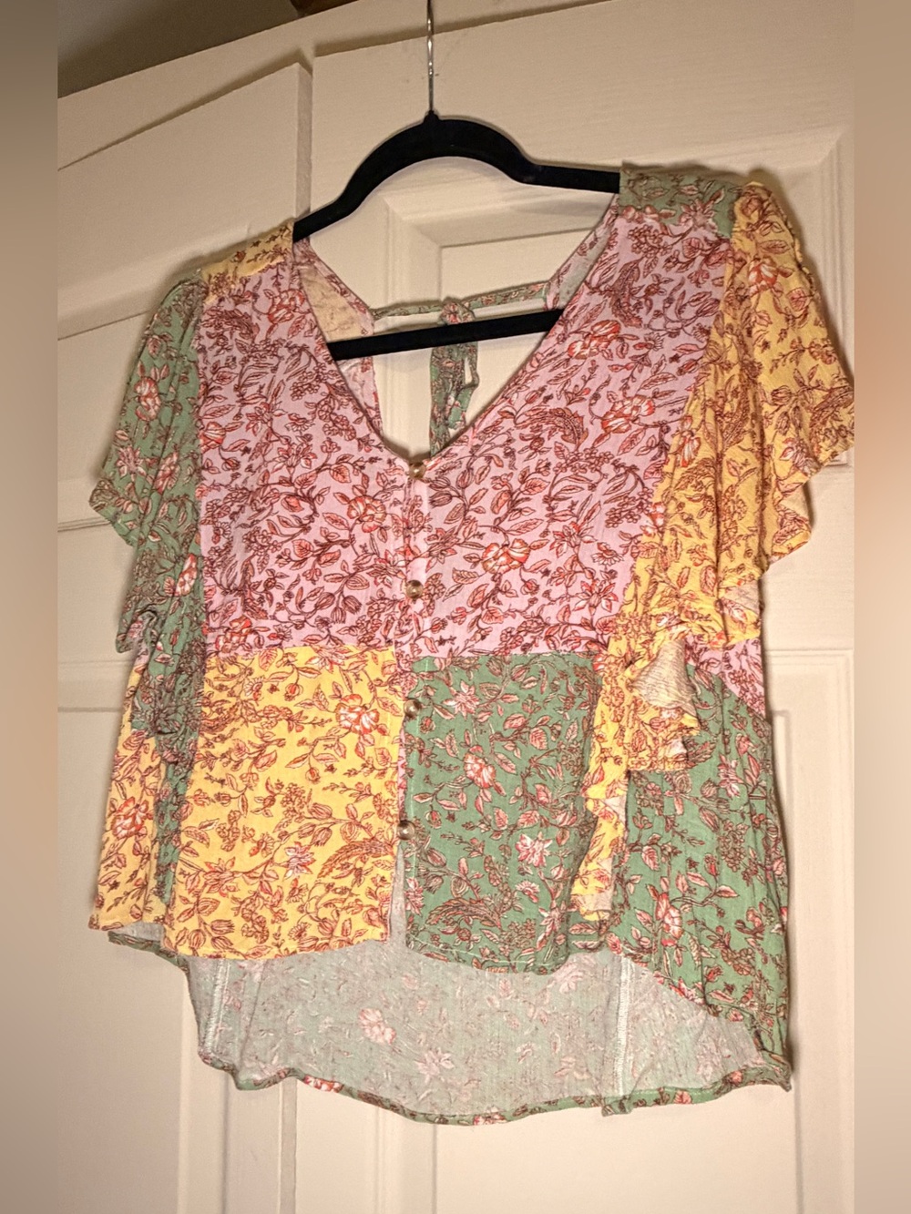 O'Neill Patchwork Floral V-Neck Blouse in Pink, Yellow & Green